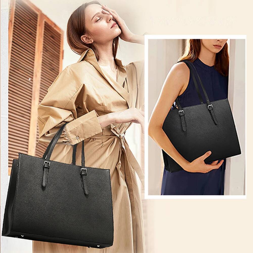 15.6 Inch Laptop Tote Women Retro Shoulder Bag PU Leather Computer Carrying Case Multipocket Large Capacity Business Handbag