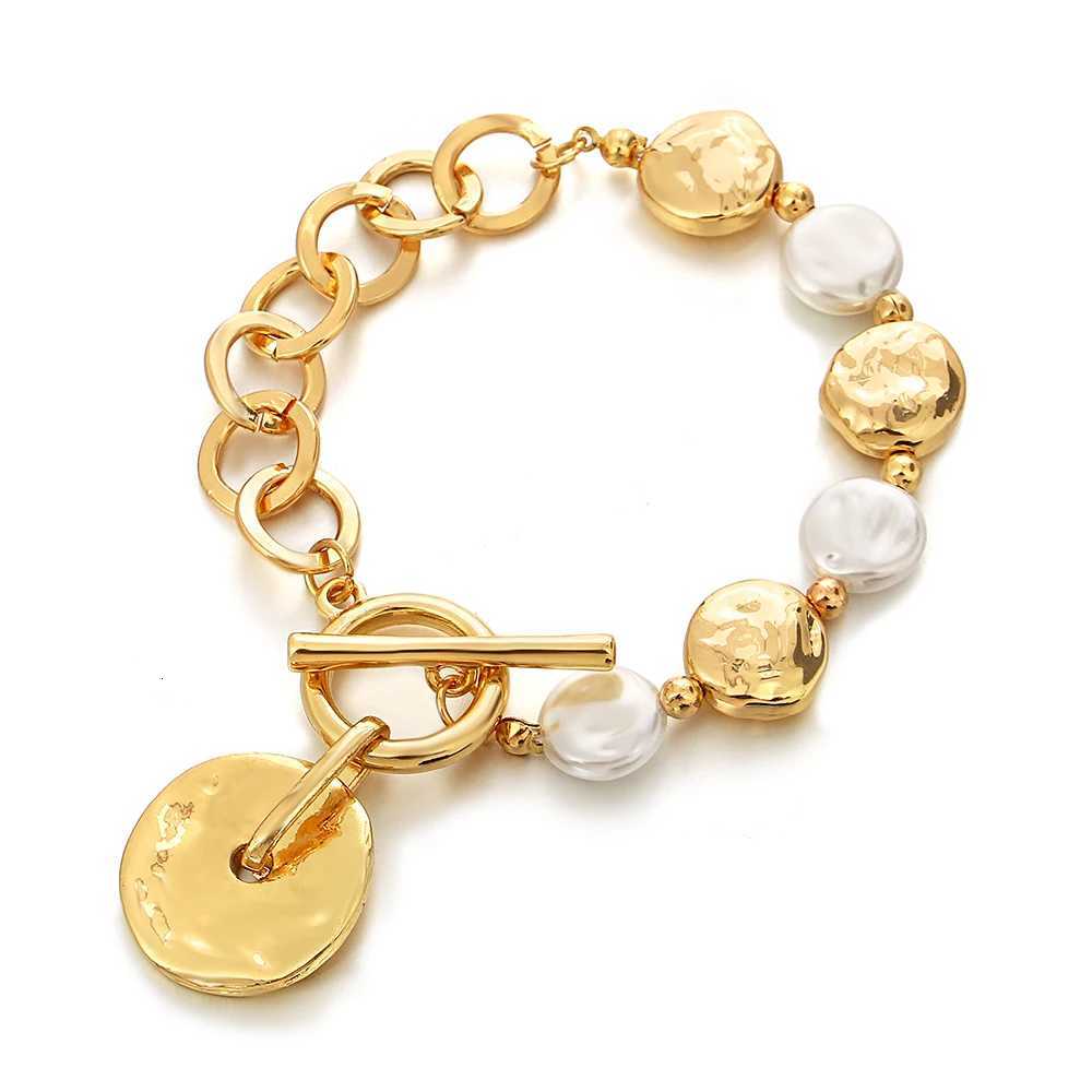 Flashbuy Gold Color Irregular Round Metal Pendant Bracelet for Women Charm Pearl Thick Chain Bead Wrist Fashion Jewelry Y250904