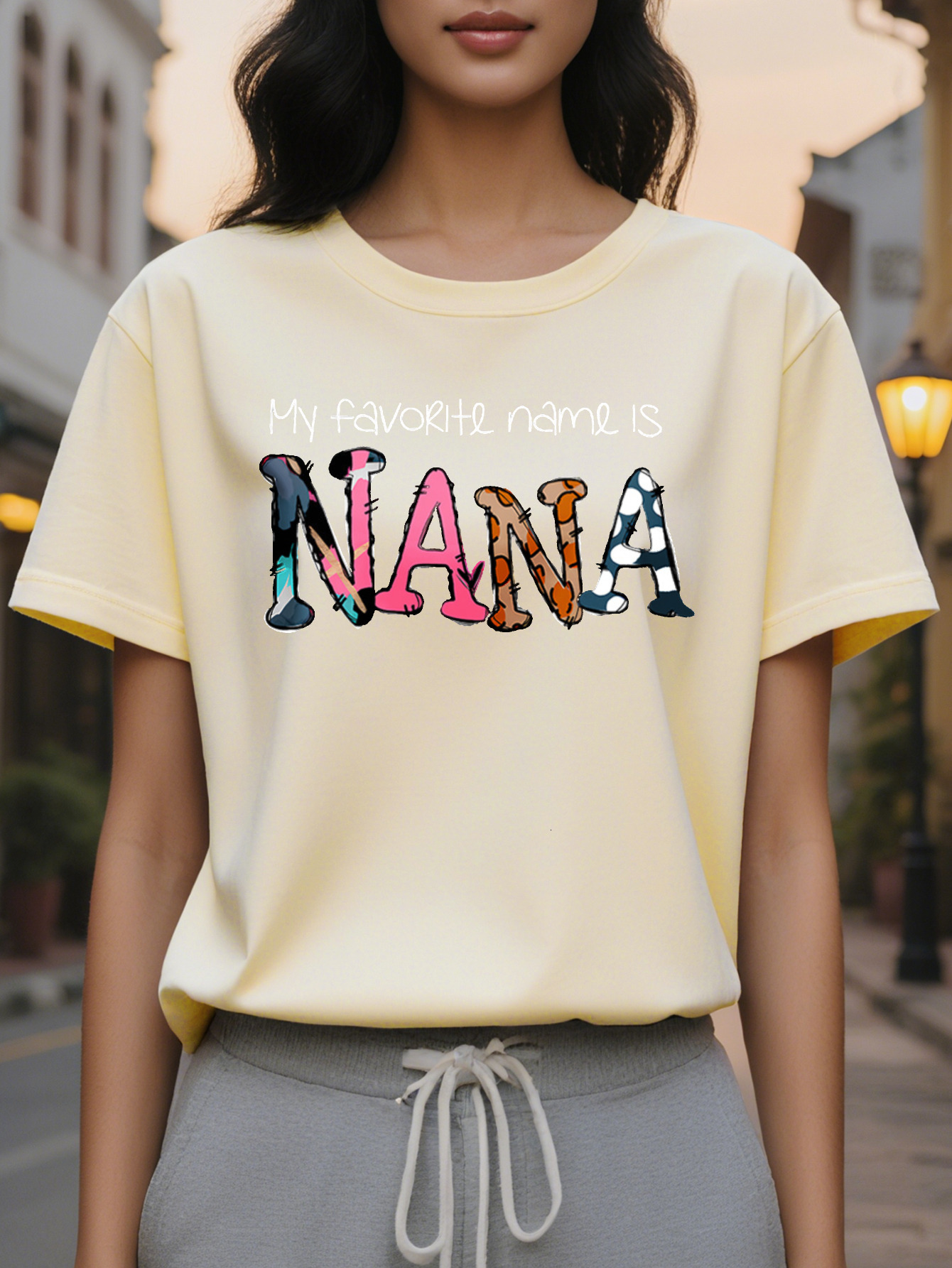 Women's casual sleeve T-shirt printed with the word NANA, spring and autumn slim top cotton
