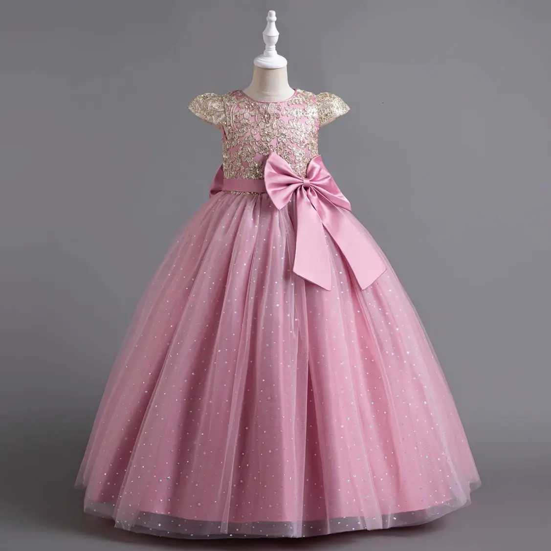 Elegant Kids Dresses For 3-12Y Girls Wedding Children Bow Bridesmaid Prom Long Gown Princess Birthday Party Embroidery Dresses Z250904