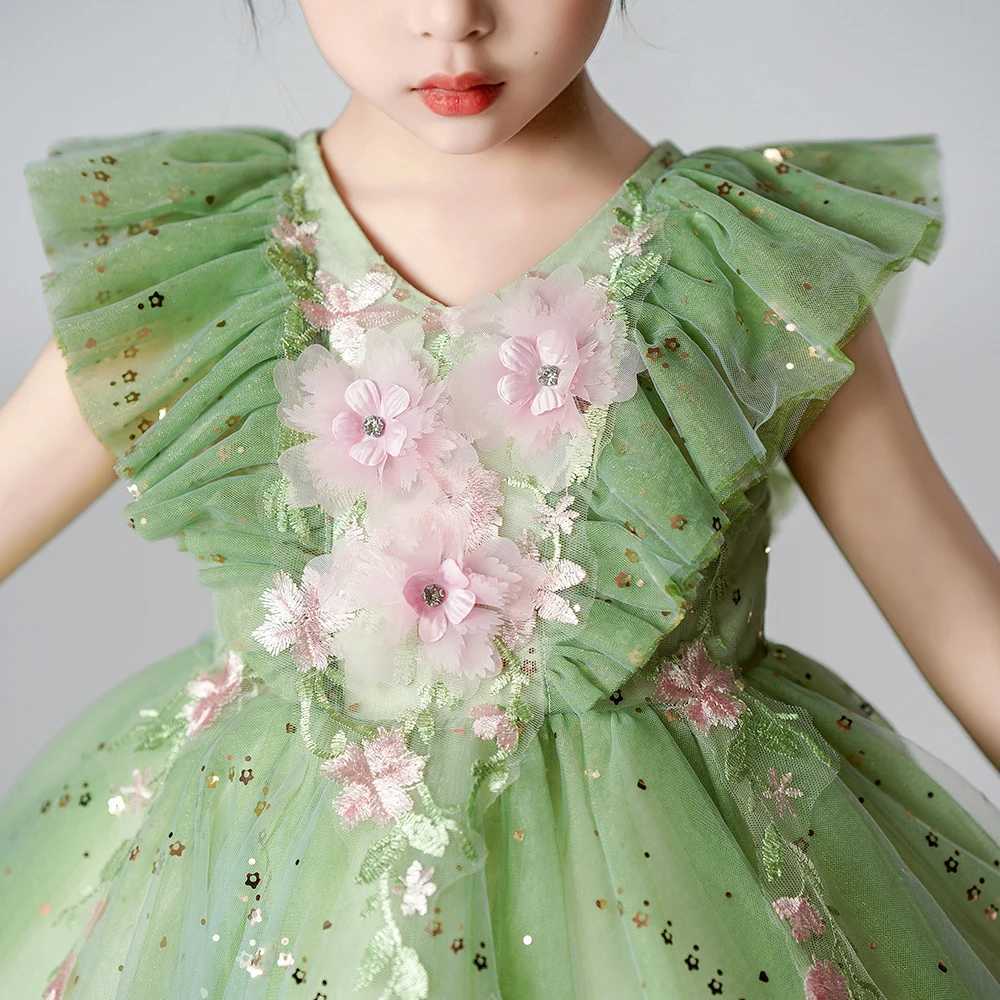 Fly Sleeve Wedding Birthday Green Dresses For Girls 2-8 Years Party Lace Tutu Christening Gown Kids Children Pageant Clothes Z250904