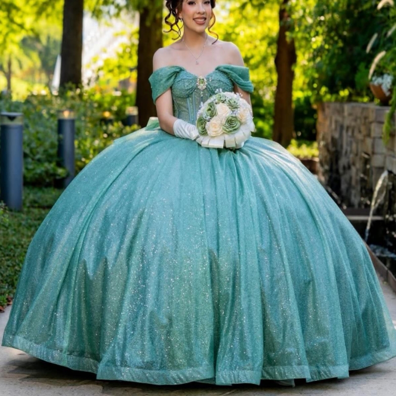 Mint Green Shiny Princess Off the Shoulder Sweet 16 Dress Quinceanera Dresses Beads Bow Tull Party Birthday Vestidos 15 De Anos