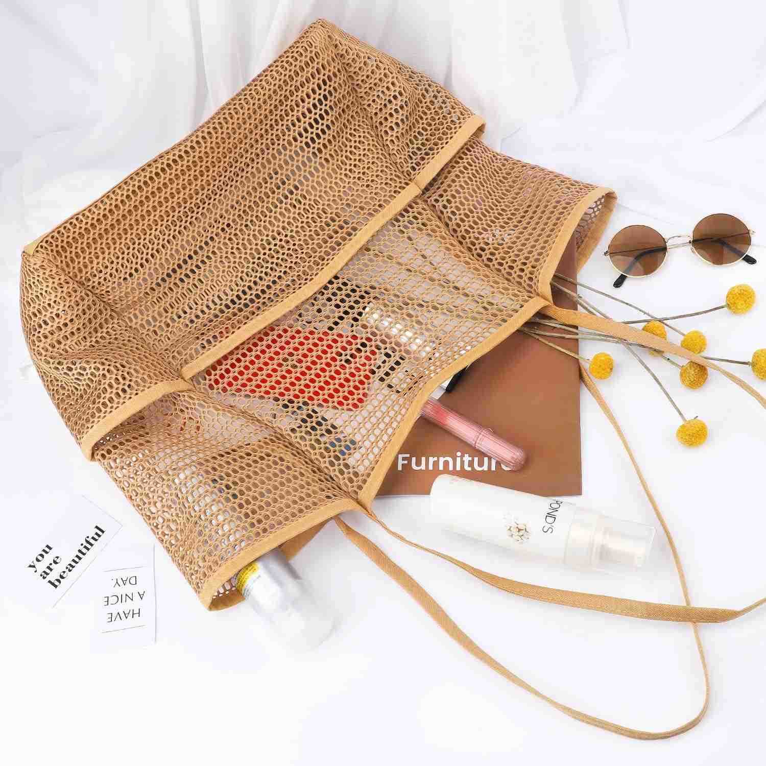 Mesh Beach Bag Tote Bag for Women Foldable Swim Large Beach Tote Bag with Zipper Pockets Waterproof SandproofW250904