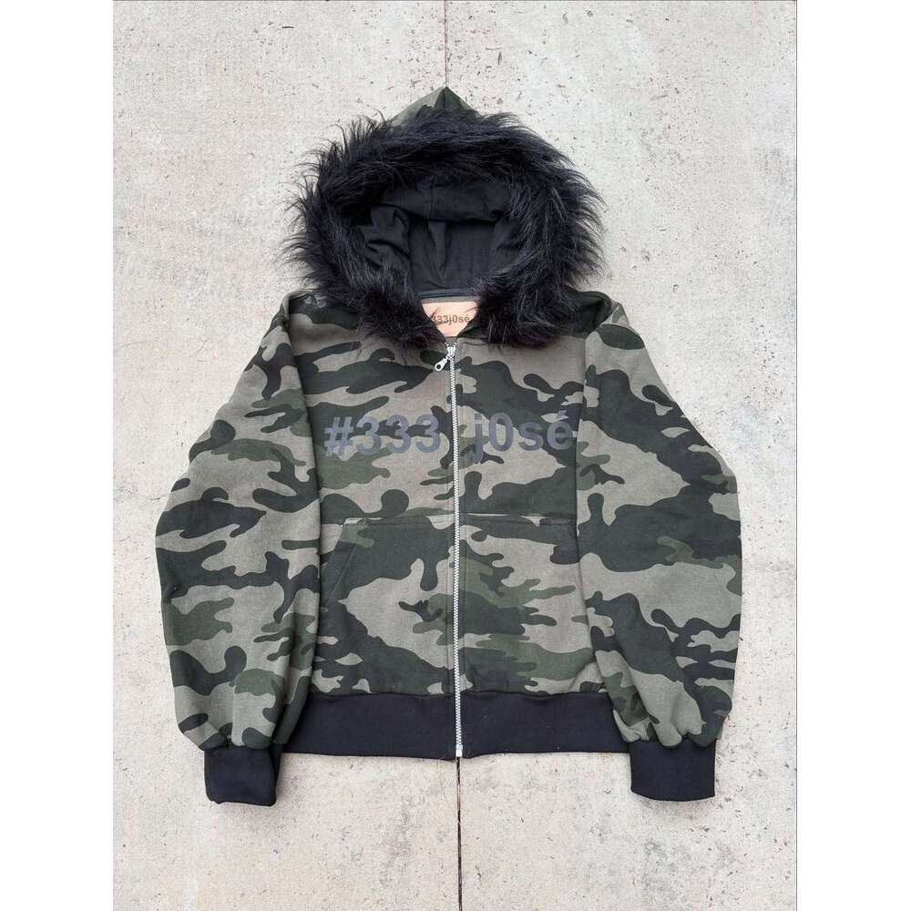 Winter Y2K Camouflage Fur Collar Hoodie Letter Print Fashion Street Style Warm Unisex Set