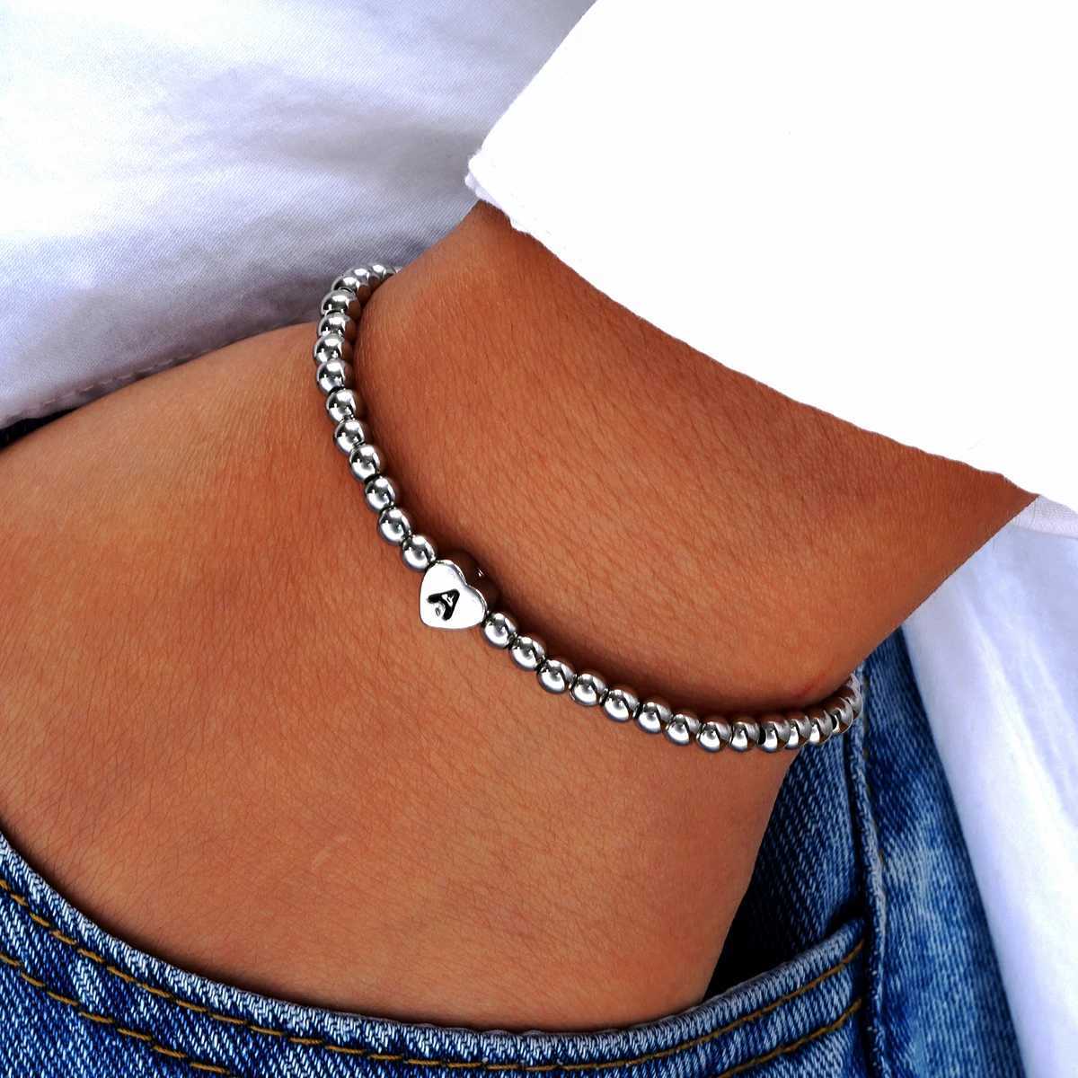 Fashion Letter Heart Pendant Beads Bracelet for Men Women Simple Vintage Silver Color Copper Metal Bracelet Luxury Jewelry Gifts W250904