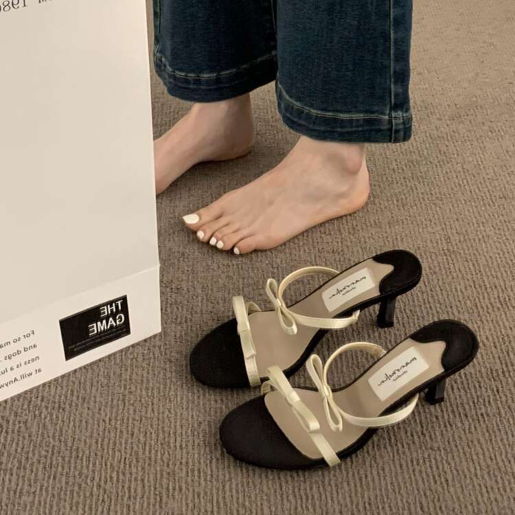 French Fairy Style Designer Shoe Bowknot Black High Heels Women's Stiletto Open Toe Strap Stunning Sandals