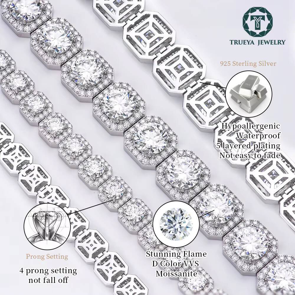 925 Sterling Silver Bling Iced Out VVS Moissanite Rock Candy Tennis Chain Fine Jewelry for Party 8mm Bracelet Link Chains
