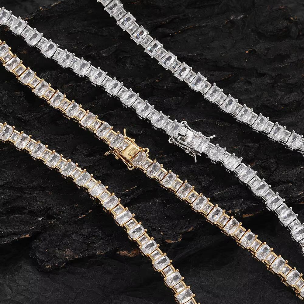 Hip Hop 1 Row Tennis Chain Large and Small Mixed Ladder Square Zirconium Necklaces for Men Jewelry