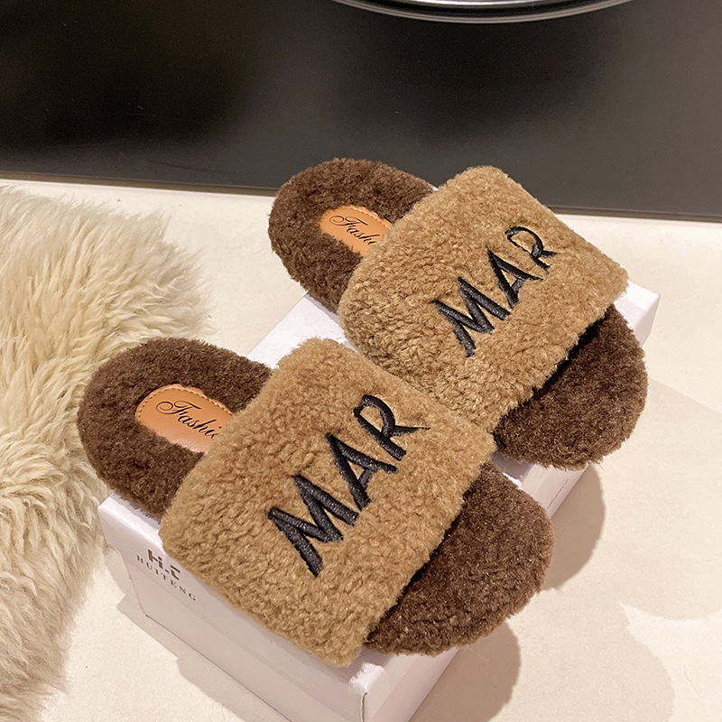 Women's fluffy slippers suitable for outdoor wear flat sole ins trendy shoes autumn and winter 2025 thick-soled cotton slippers spring and summer