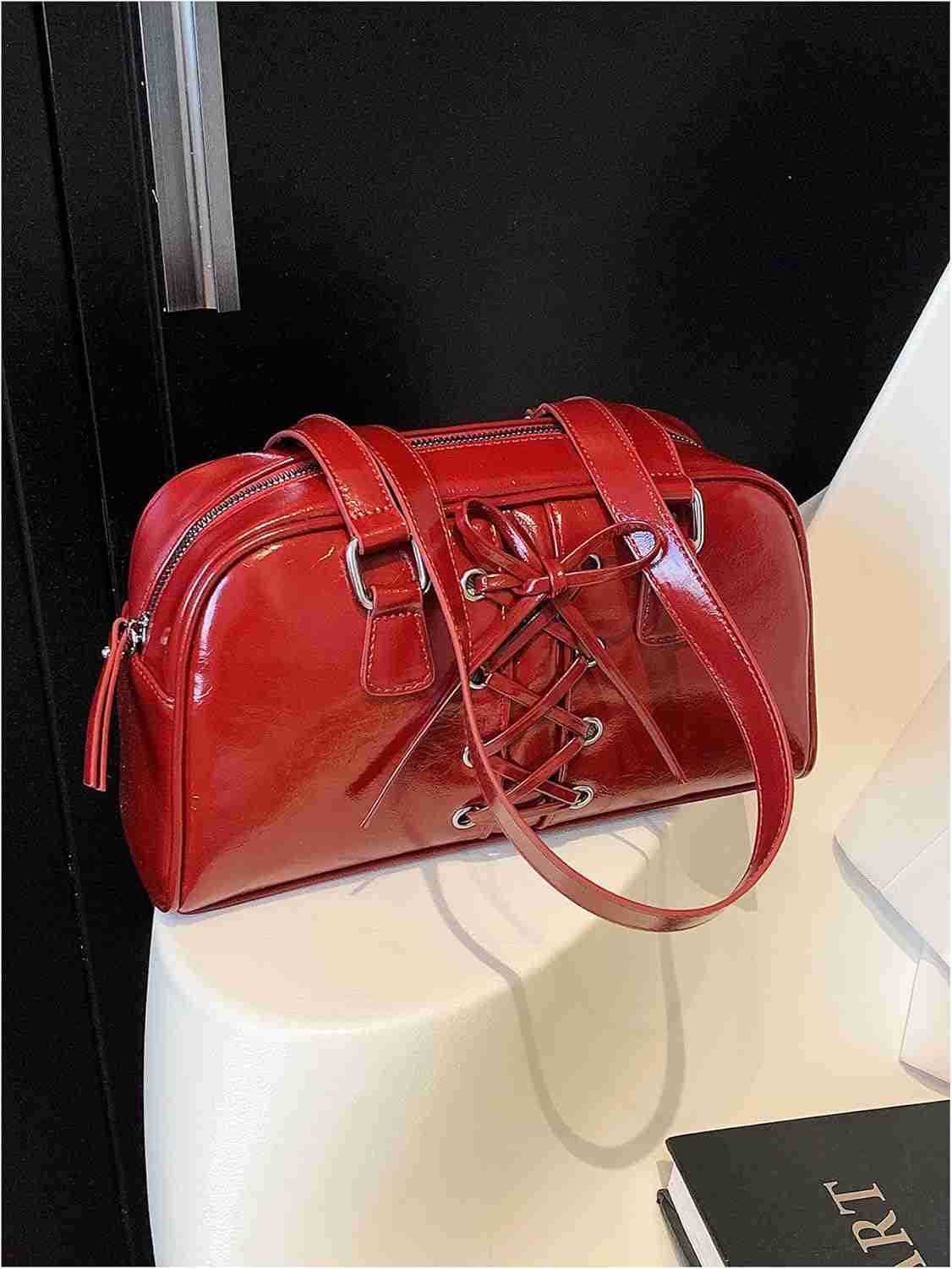Womens Lace Up Zipper PU Leather Shoulder Bags Top Handle Boston Underarm Bags Y2K Purse M250904