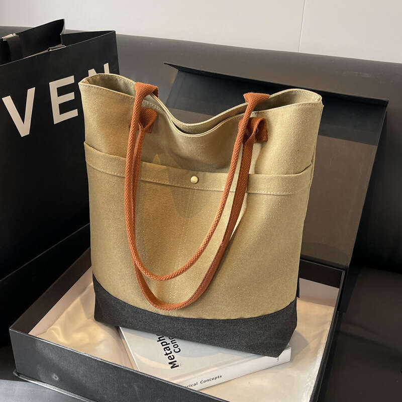 Korean Fashion Patchwork Large Capacity Thick Bucket Canvas 2025 New Style Textured Casual Versatile Shoulder Bag