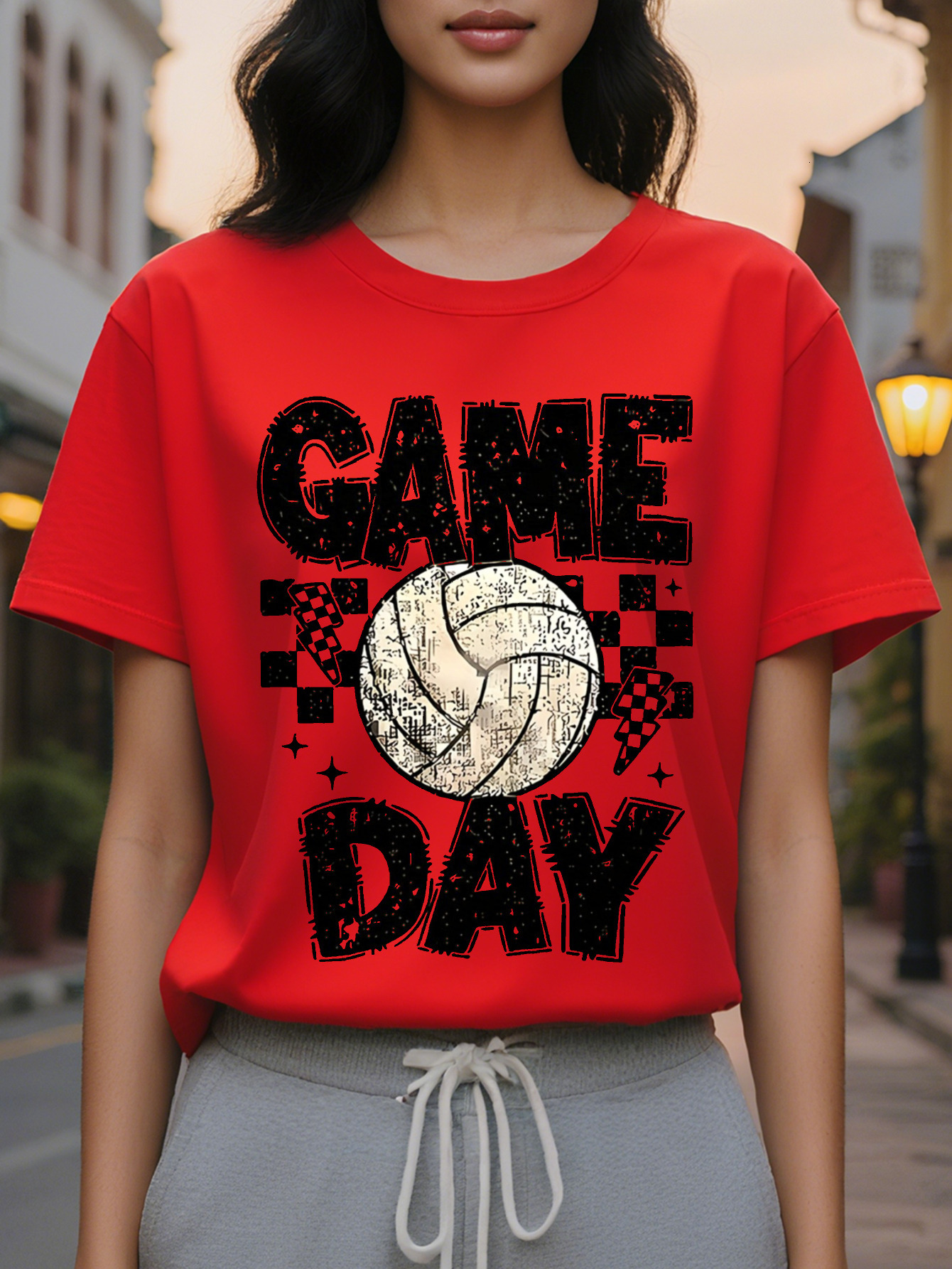 Match Day Women s T shirt Volleyball Plaid Printed Short Sleeve Spring and Leisure Loose Fit Washable Sportswear