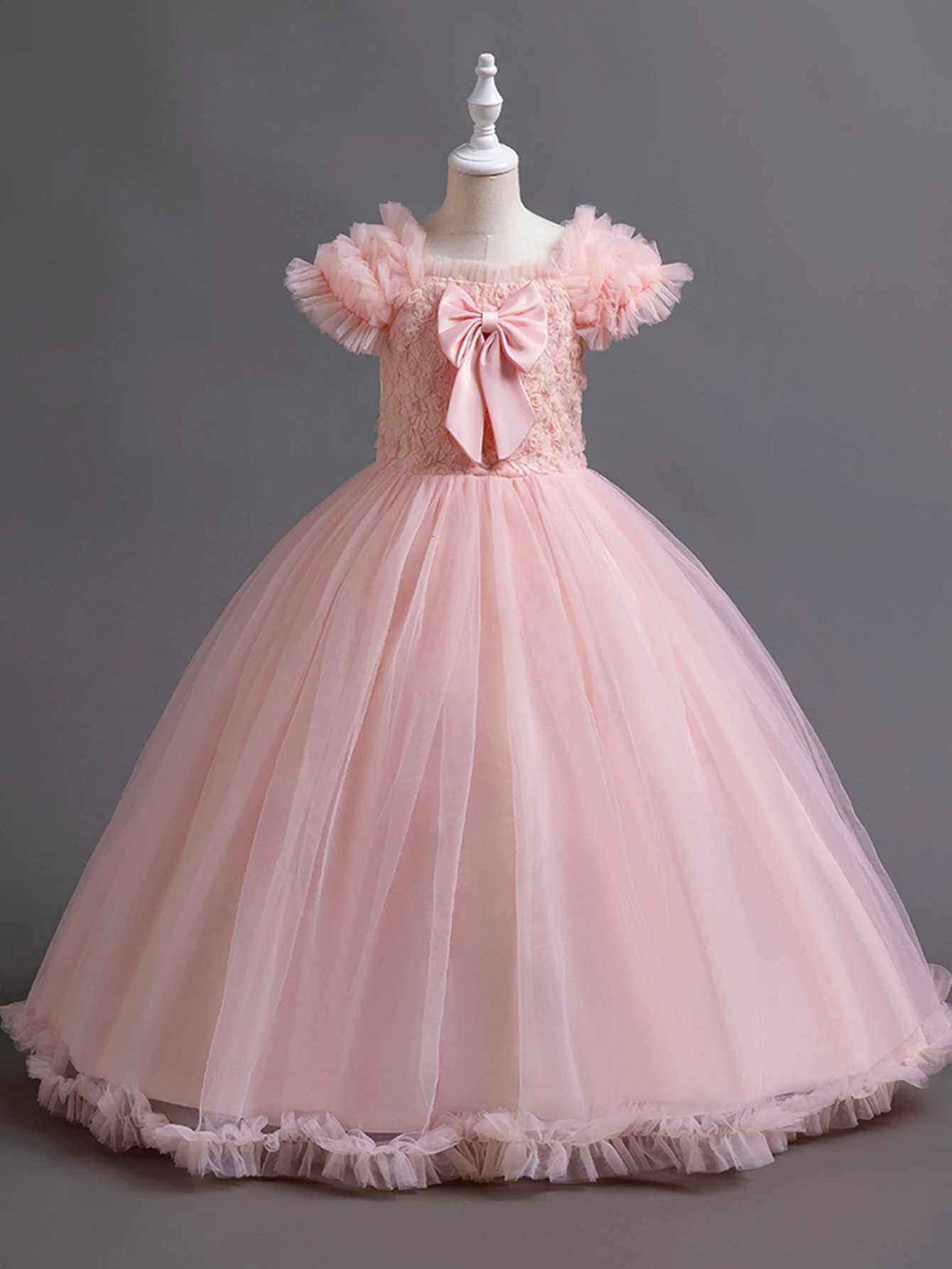 Pink girl big bow long dress for birthday outfits worn by girls aged 3 to 12 at parties Z250904