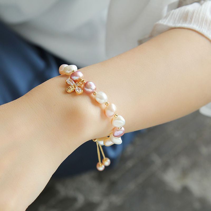 Baroque Irregular Freshwater Pearl Micro Pave Zircon Small Bee INS Simple Korean Style Fashion Bracelet