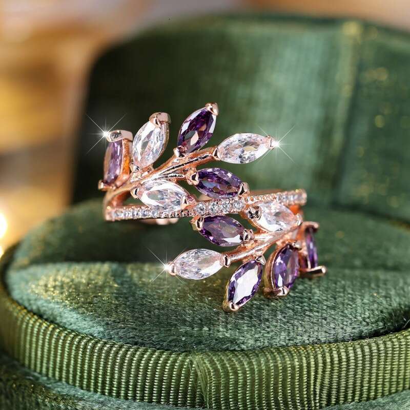 Boho Marquise Zircon Leaf Open Ring - Rose Gold Green Crystal Nature-Inspired Jewelry Fashion Versatile Adjustable Statement Ring for Women