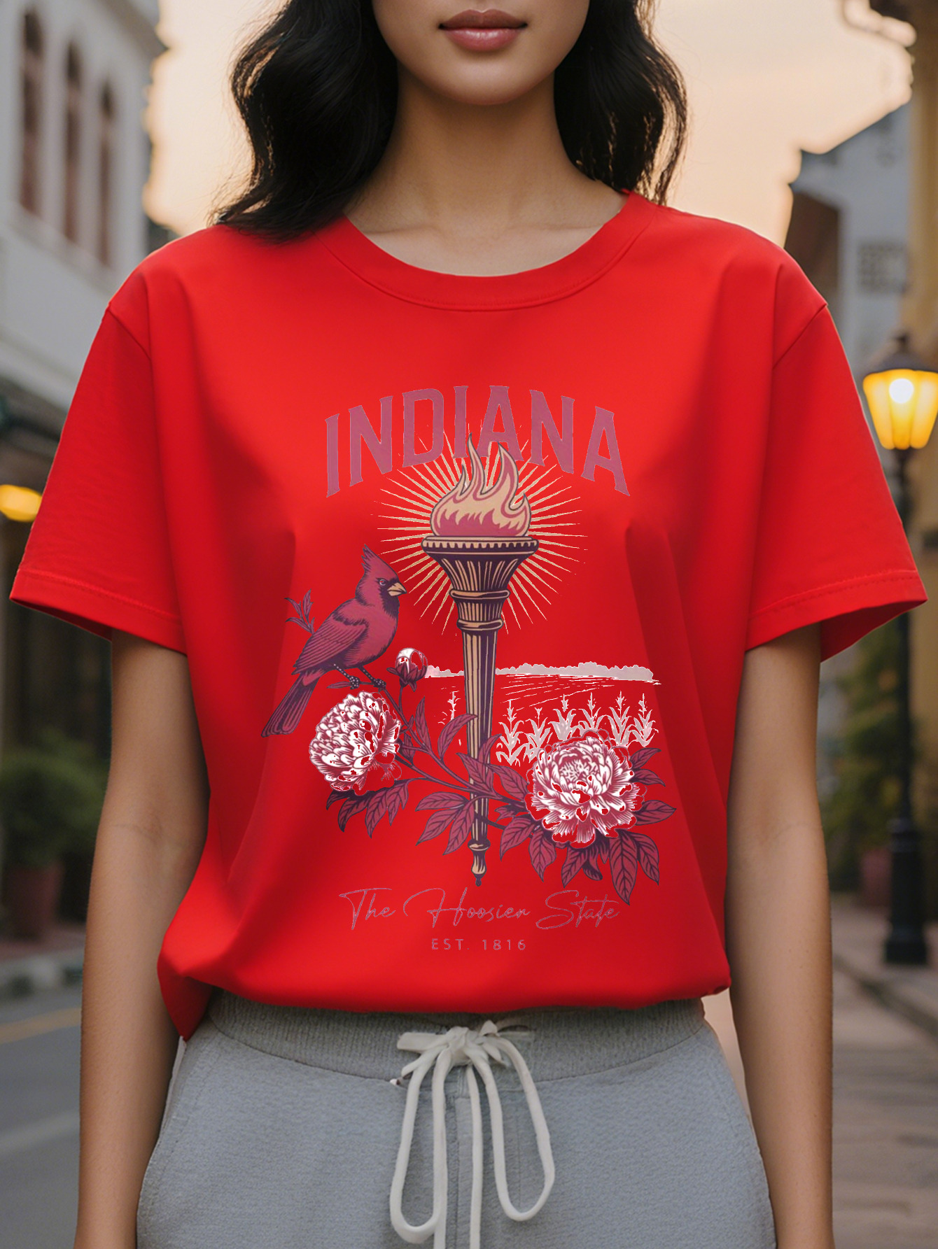 Women's Indiana pattern T-shirt white with red retro design established in round neck casual jacket light summer
