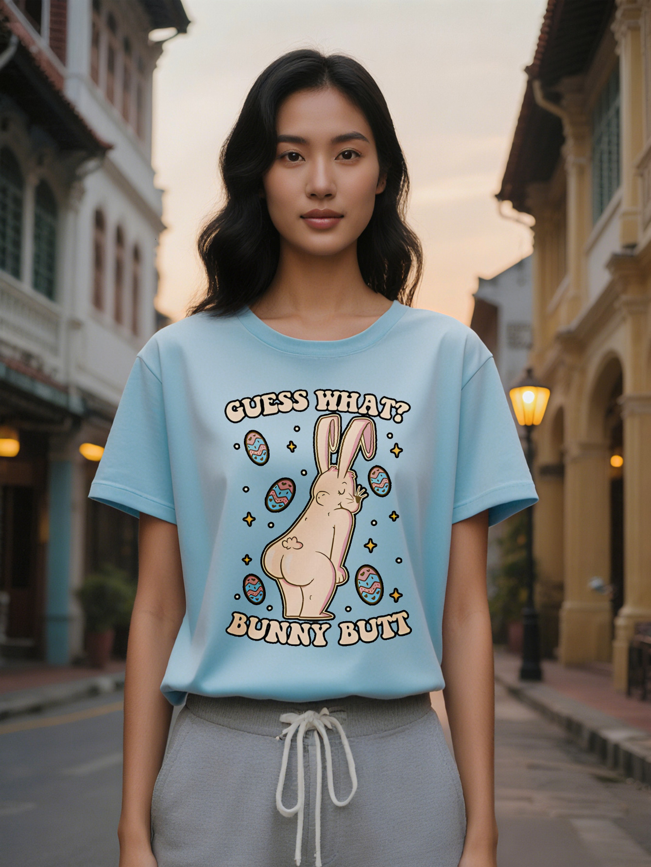 Large XL women's Casual Short Sleeve T-Shirt Black Easter Colorful Eggs Print with What Bunny Butt Text Round Neck Summer Tee Plus size