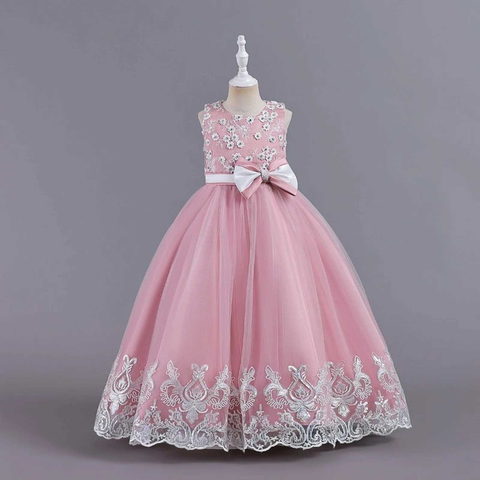 3-12 Years Old Children Dress Embroidered Bow Lace Long Wedding Dress Girl Princess Dress Girls Birthday Party Evening Ball Gown Z250904
