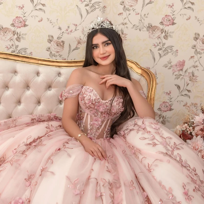 Pink Quinceanera Dresses Ball Gown Off The Shoulder Applique Lace Flower Beads Tull Sweet 16 Dress Vestidos 15 De Anos