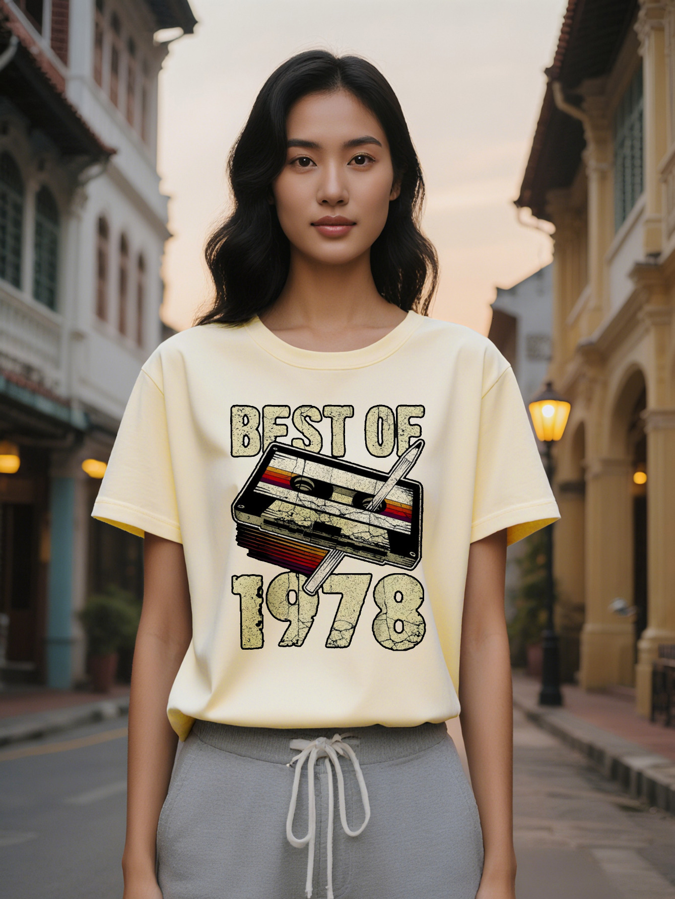 Large XL Lady Retro Cassette Tape Graphic T-Shirt Design with Best of Text Casual Round Neck Tee Lightweight Summer Plus Size