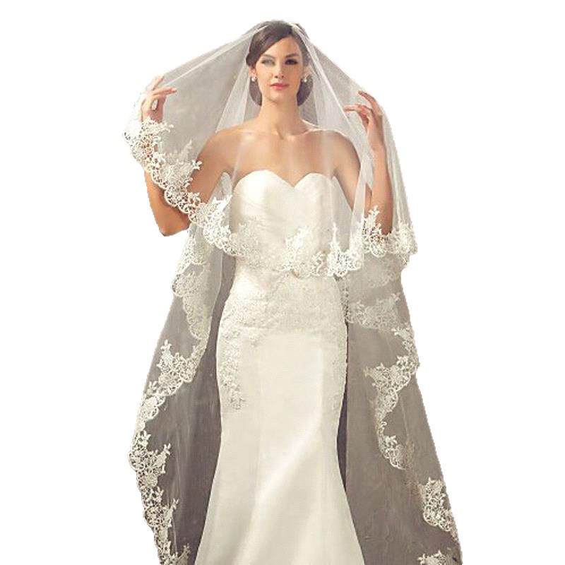 New Arrival Wedding Bride Veil One Layers White Lace Applique Edge Bridal Veils Cathedral Wedding Veil without Comb Soft Tulle Wedding Accessories