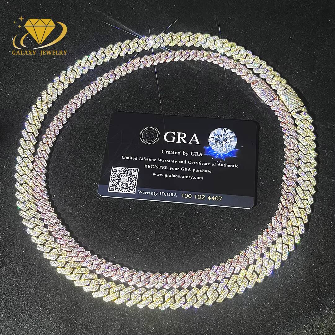 Hip Hop Jewelry 12mm Diamond Prong Moissanite Cuban Chain Yellow Gold Cuban Link Chain Necklace Bracelet for Men and Women