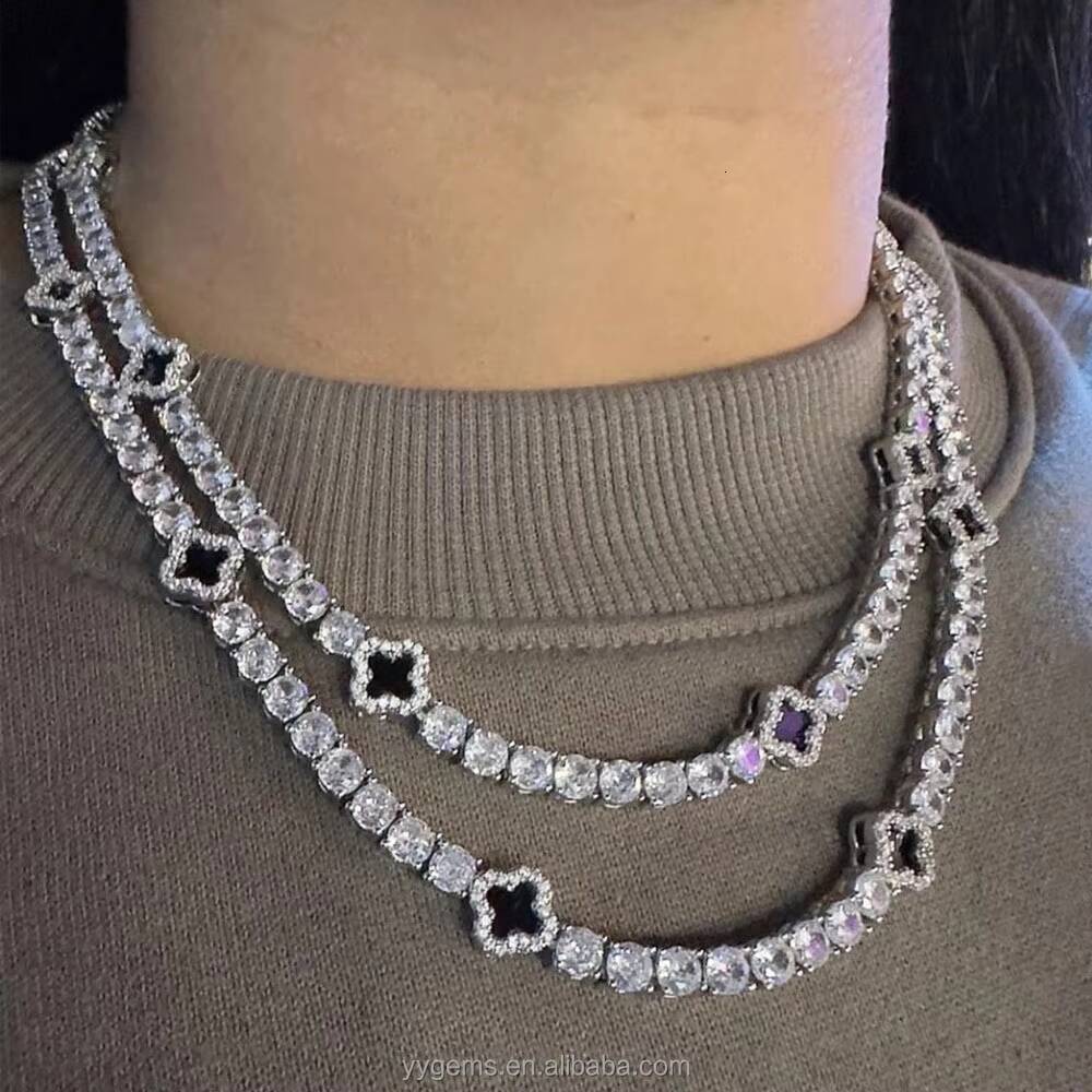 Iced Out 3mm 4mm 5mm 925 Silver Moissanite Necklace Clover Flower Design Chain Jewelry for Men and Women