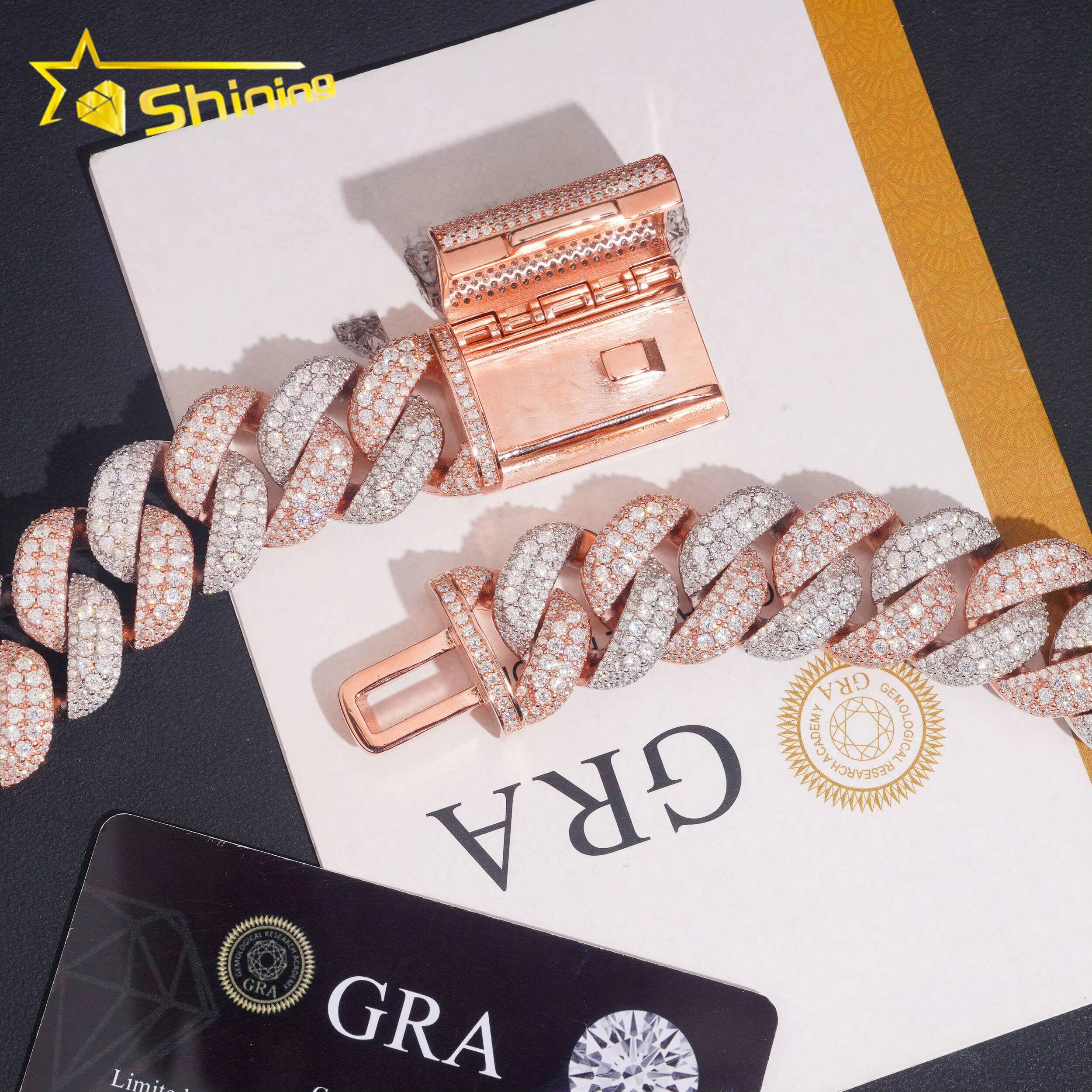 Luxury 22mm Two Tone Necklace Chain Pass Tester VVS Moissanite 925 Silver Gold Plated Hip Hop Iced Out Cuban Link Chain