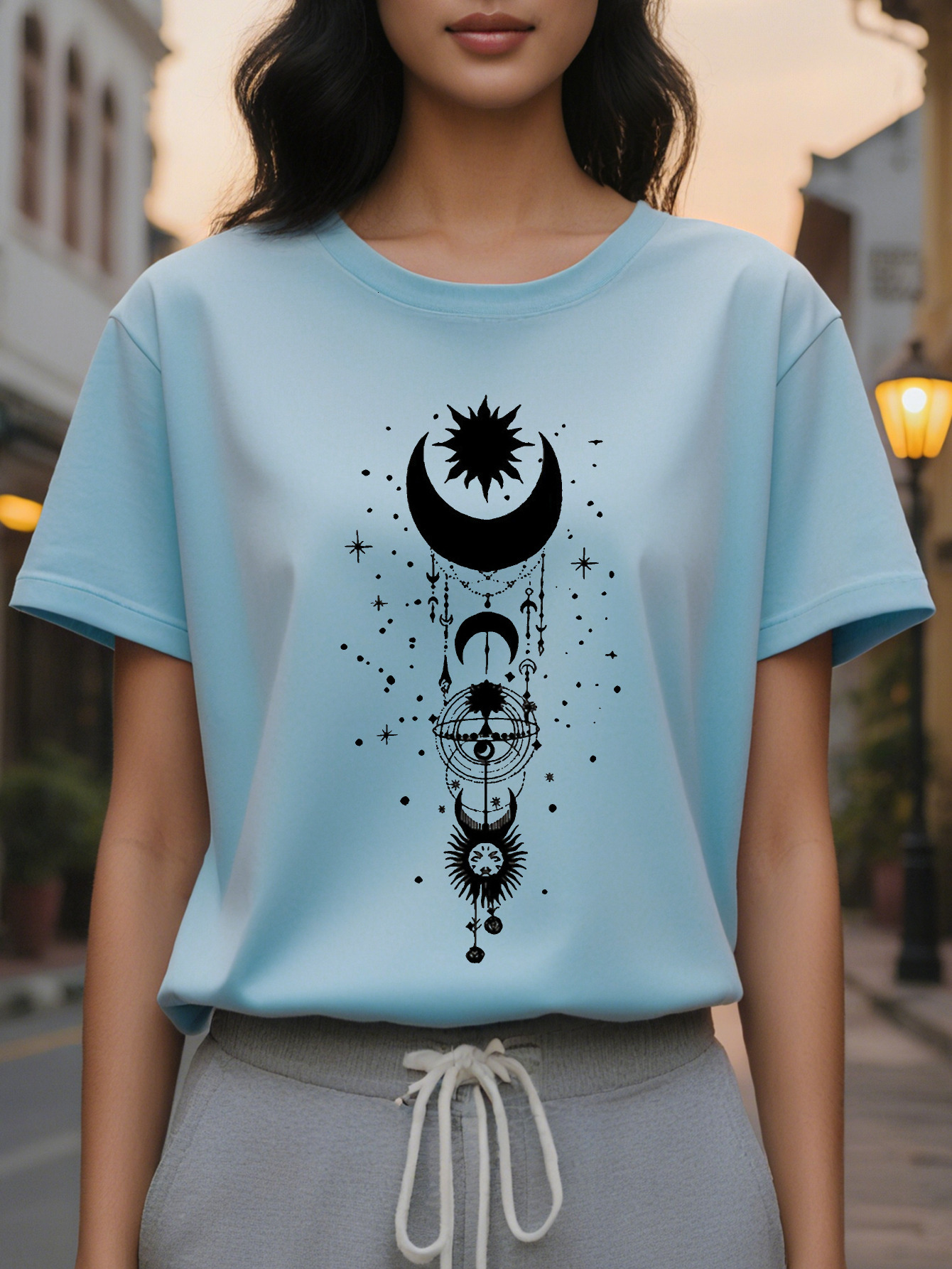 Ladies Celestial Body Pattern T Shirt Black White Sun Moon Star Printing Slim Short Sleeve Round Neck Casual