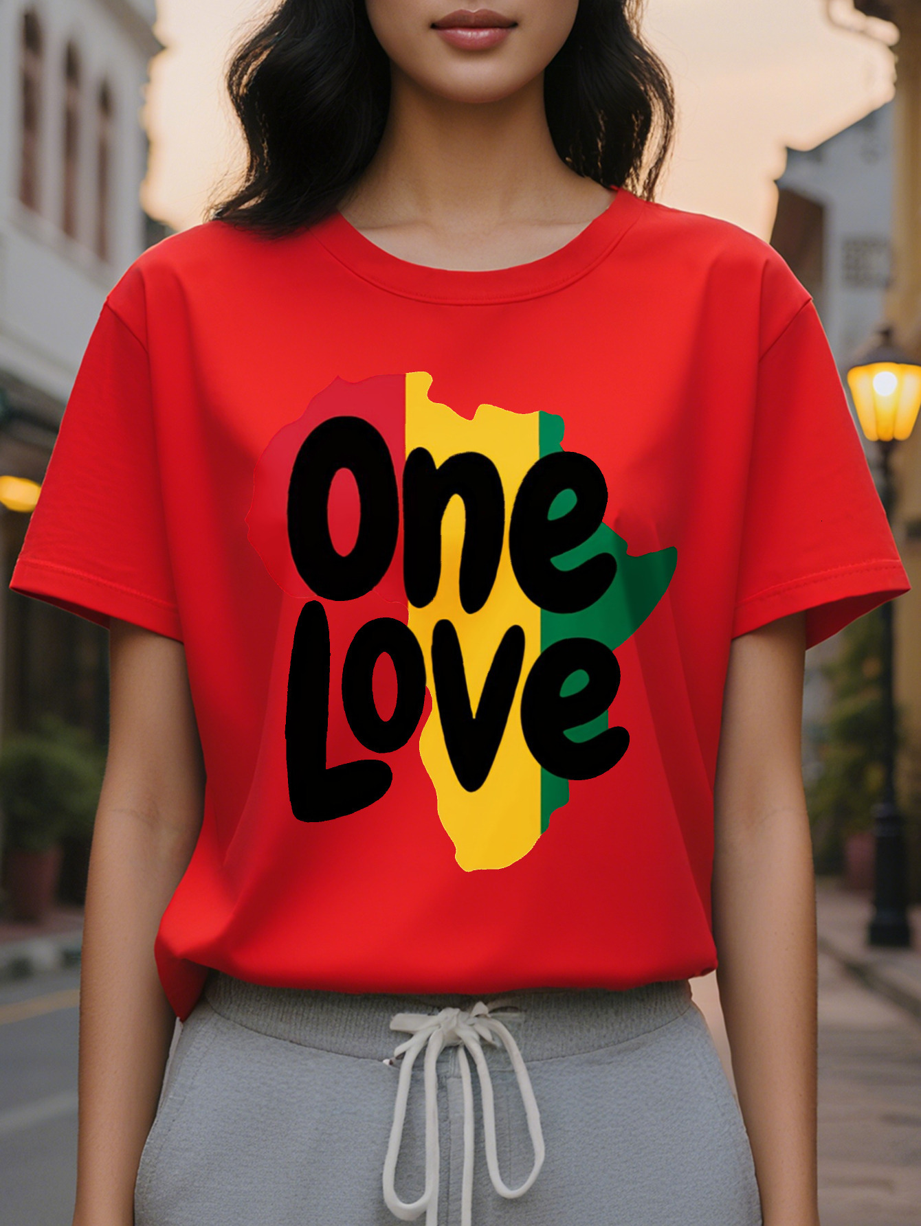 Large XL Juneteenth One Love Africa Map Graphic Print T-Shirt Women's Casual Short Sleeve Crew Neck Top with Pan African Plus Size