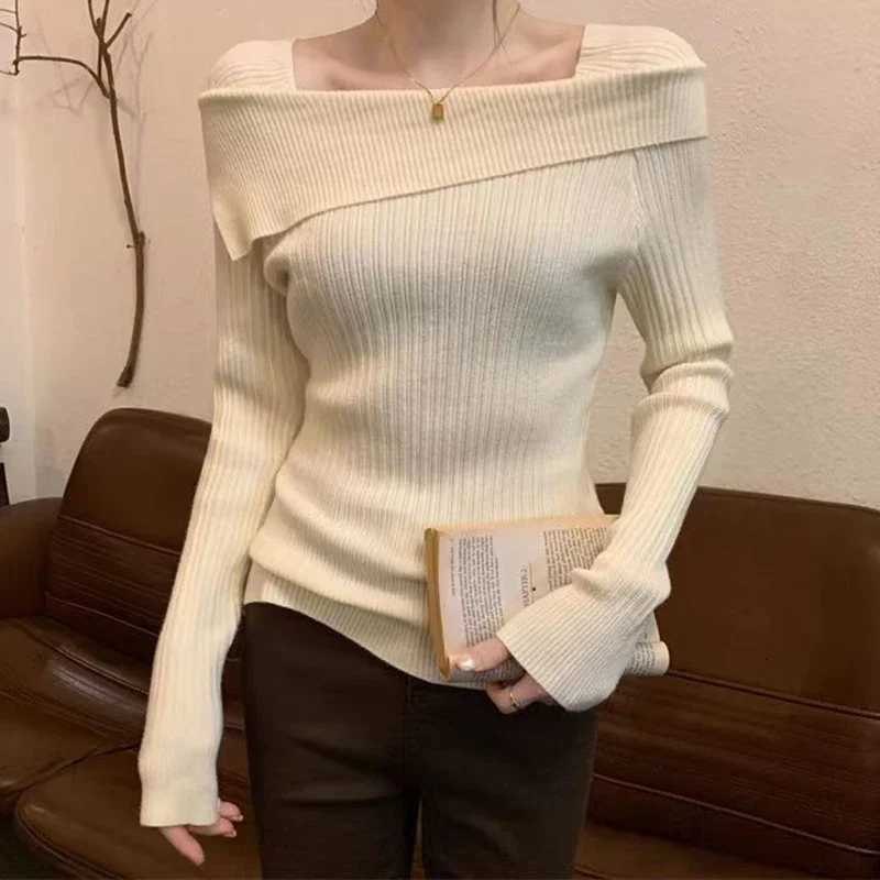 Solid Sexy Slim Off Shoulder Slash Neck Long Sleeve Knitting Sweater Women Jumpers Office Fashion New M250904