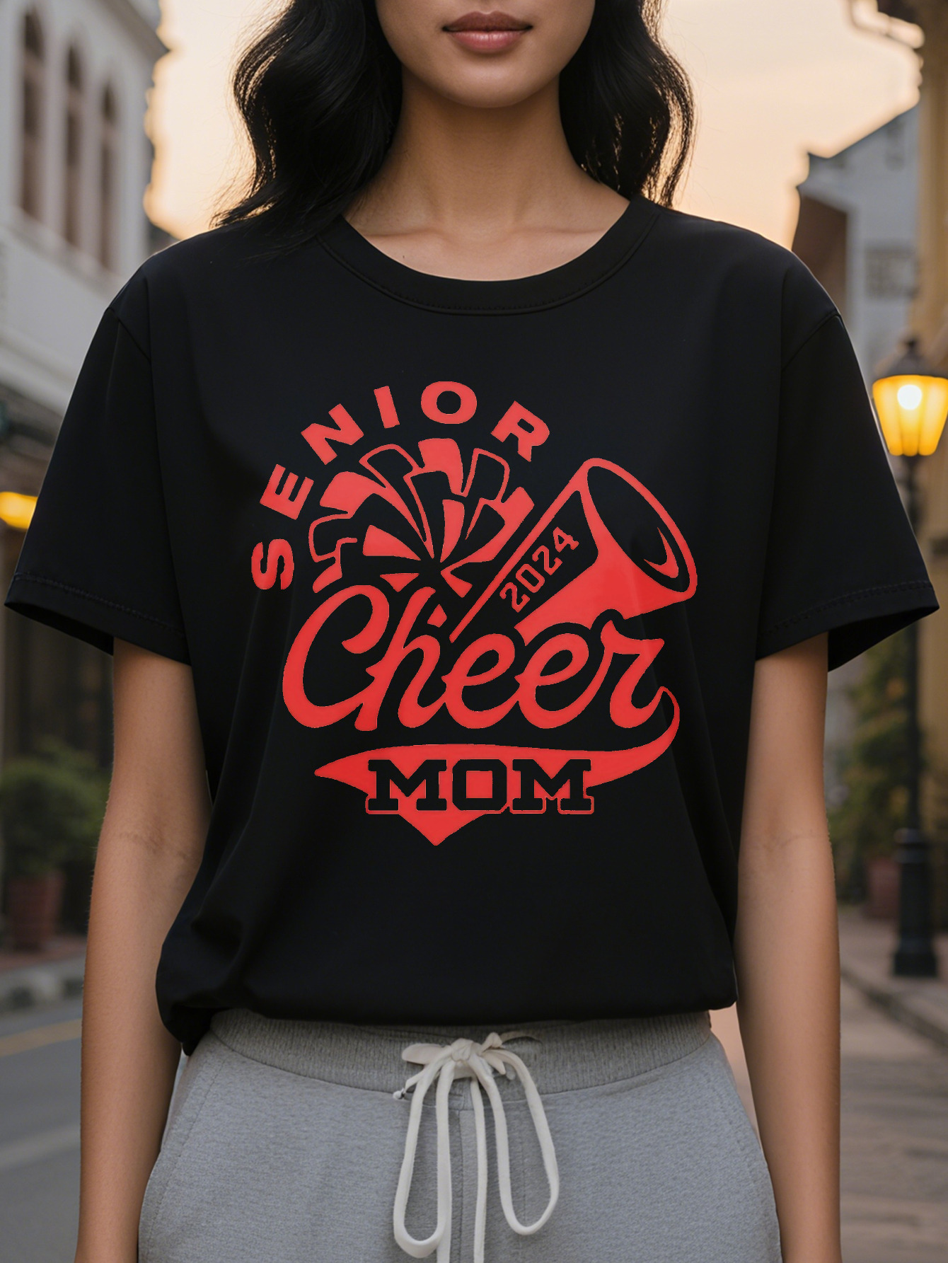 Large XL Stylish Senior Cheer Mom Graphic Women Casual Crew Neck Soft Cotton Washable Perfect for All Seasons Plus Size
