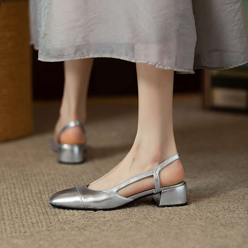 Soft Leather Silver Peep Sandals for Women, Chunky 2025 Summer New Designer Shoe Squ Toe Single Shoes, Mid Heel, Open Back