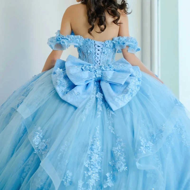Sky Blue Quinceanera Dresses Ball Gown Off The Shoulder Applique Lace Beading Crystal Bow Tull Sweet 16 Dress Vestidos 15 De Anos