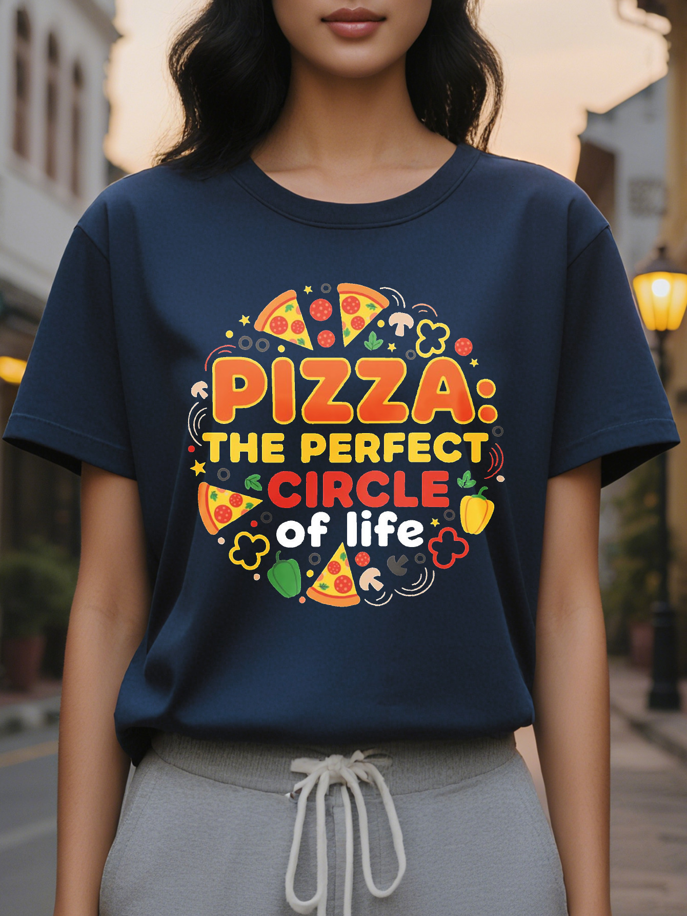 Black Lover Pattern Pizza Life s Perfect Circle Funny T-Shirt Pieces Design Women's Soft Everyday