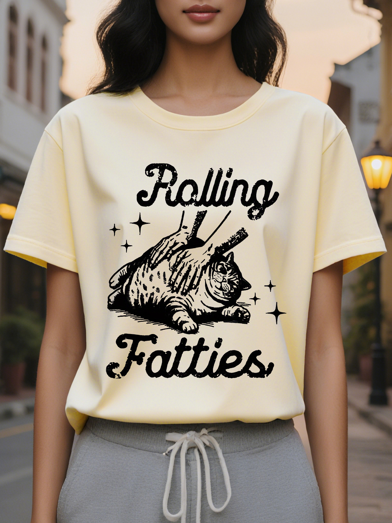 Lady Rolling Fat Man Pattern T Shirt Fun And Star Design Loose Short Sleeve Jacket Cottonlight Fabric