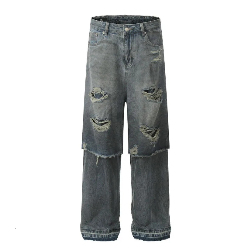 Vintage Ripped Baggy Jeans Blue Straight Jeans Trousers Streetwear Loose Casual Distressed Denim Pants Male Y2k Hombre 250904BJ - view 6
