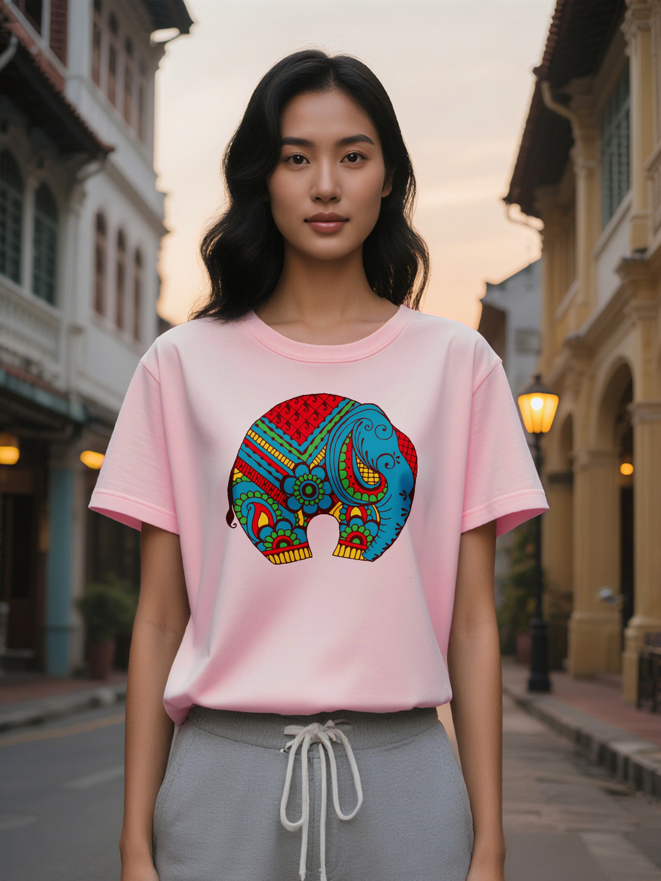 Large XL Casual Short Sleeve T-Shirt with Vibrant Geometric Elephant Print Black Round Neck Summer Tee, Washable Regular Plus Size