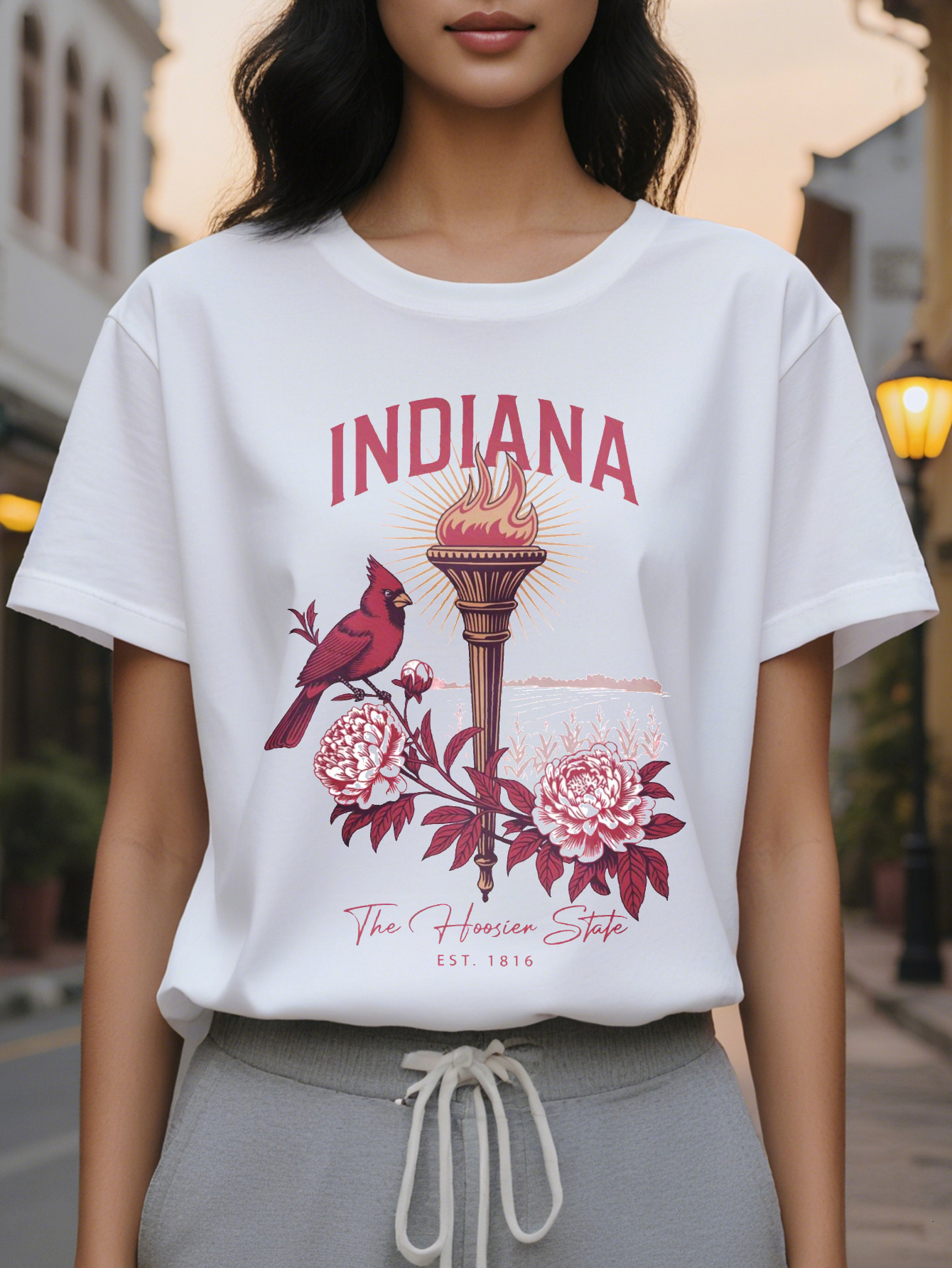 Women's Indiana pattern T-shirt white with red retro design established in round neck casual jacket light summer