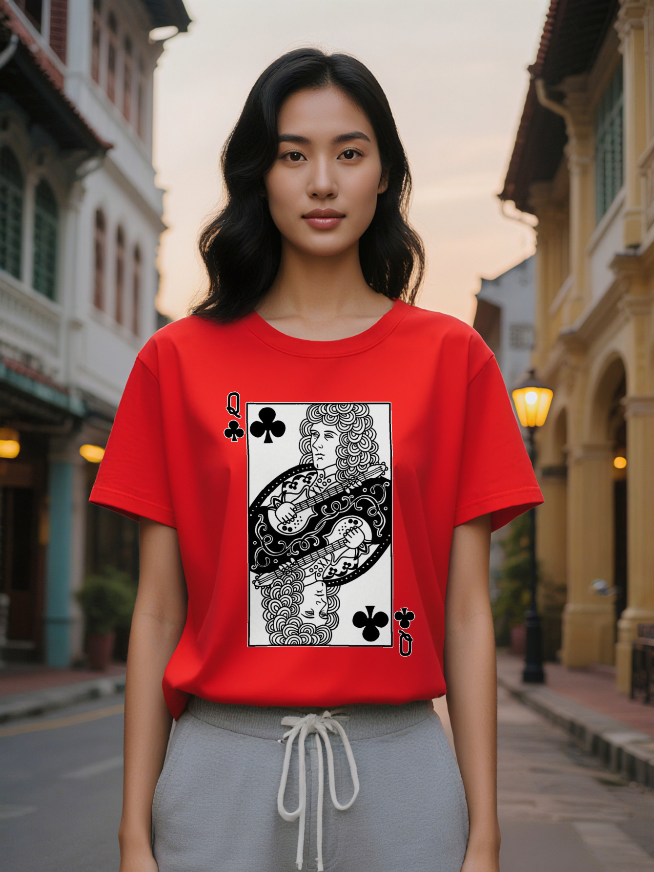 Large XL Lady Short Sleeve T-Shirt with Queen of Clubs Playing Card Graphic Print Black Round Neck Summer Women Washable Regular Plus Size