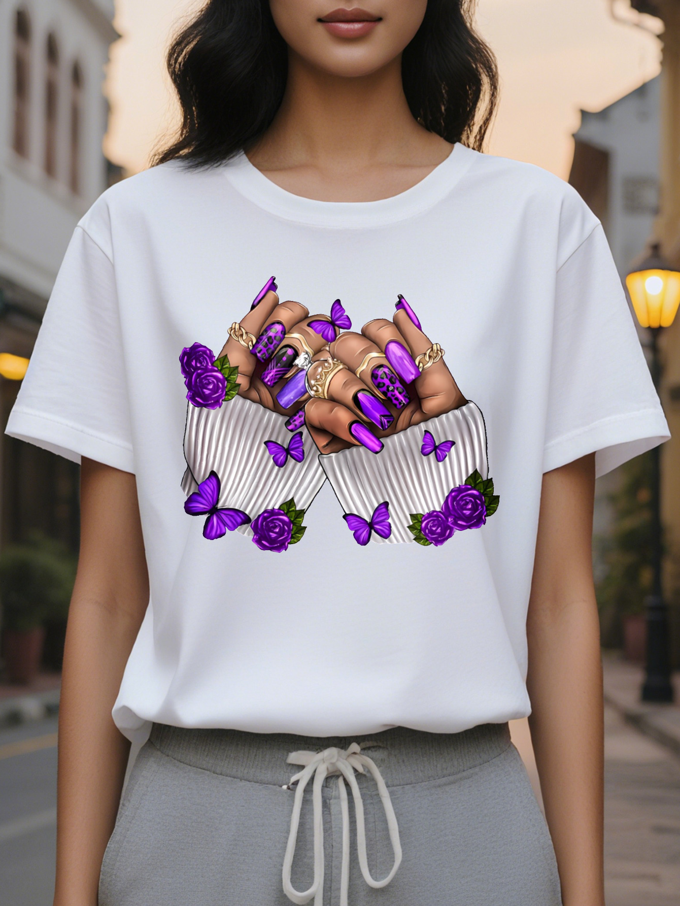 Large XL Women's Purple Butterfly Rose Nail Art Print Short Sleeve T-Shirt Casual Round Neck Summer Top Washable Plus Size