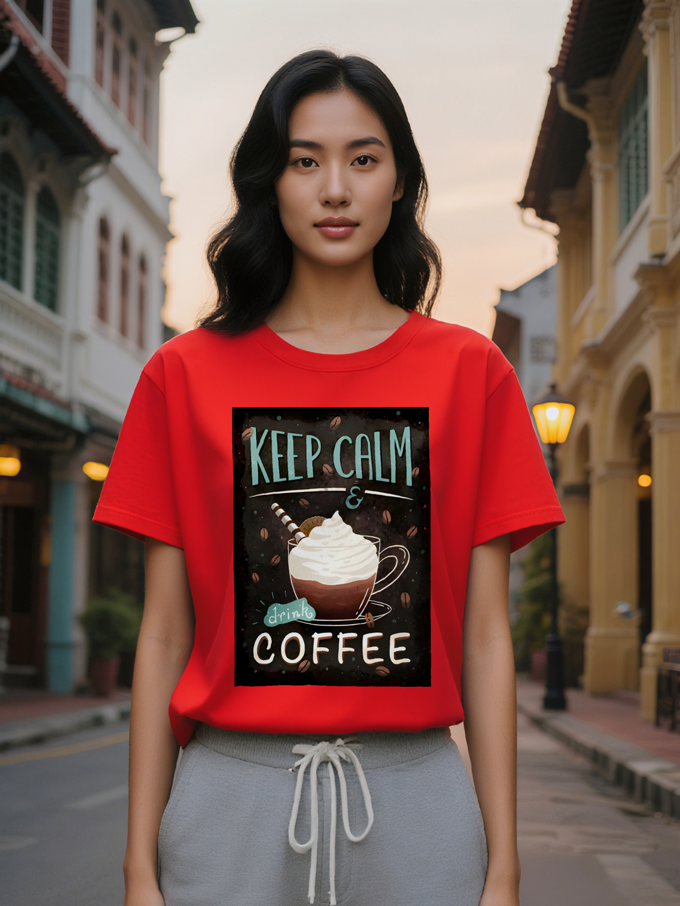 Large XL Lady Casual Graphic T-Shirt Keep Calm Drink Print with Beans Latte Art Black Round Neck Summer Tee Washable Plus Size
