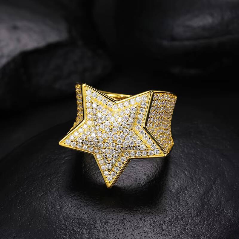 Hiphop Style Mens Womens 925 Sterling Silver VVS Moissanite Diamond Star Ring Iced Out Gold Plated Fine Jewelry