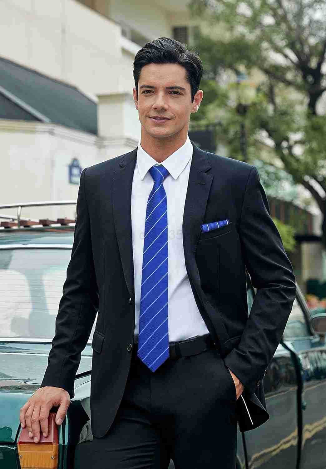 Mens Striped Ties Classic Silk Woven Tie and Pocket Square Set Formal Business Necktie Handkerchief for WeddingW250904