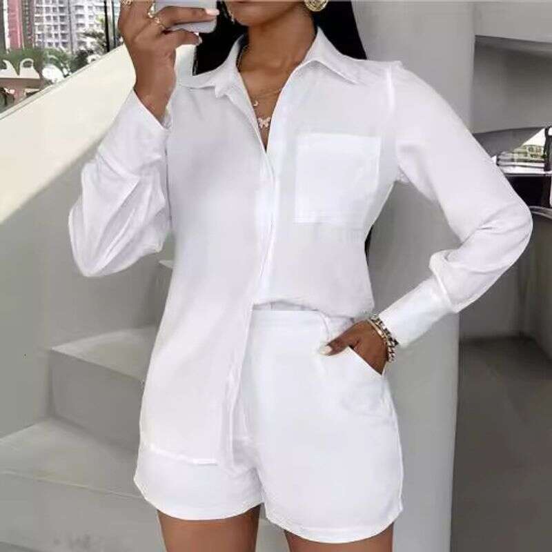 Women's Clothing Elegant Solid Color Pocket Long Sleeved Shirt + Shorts Suit Two Piece Set