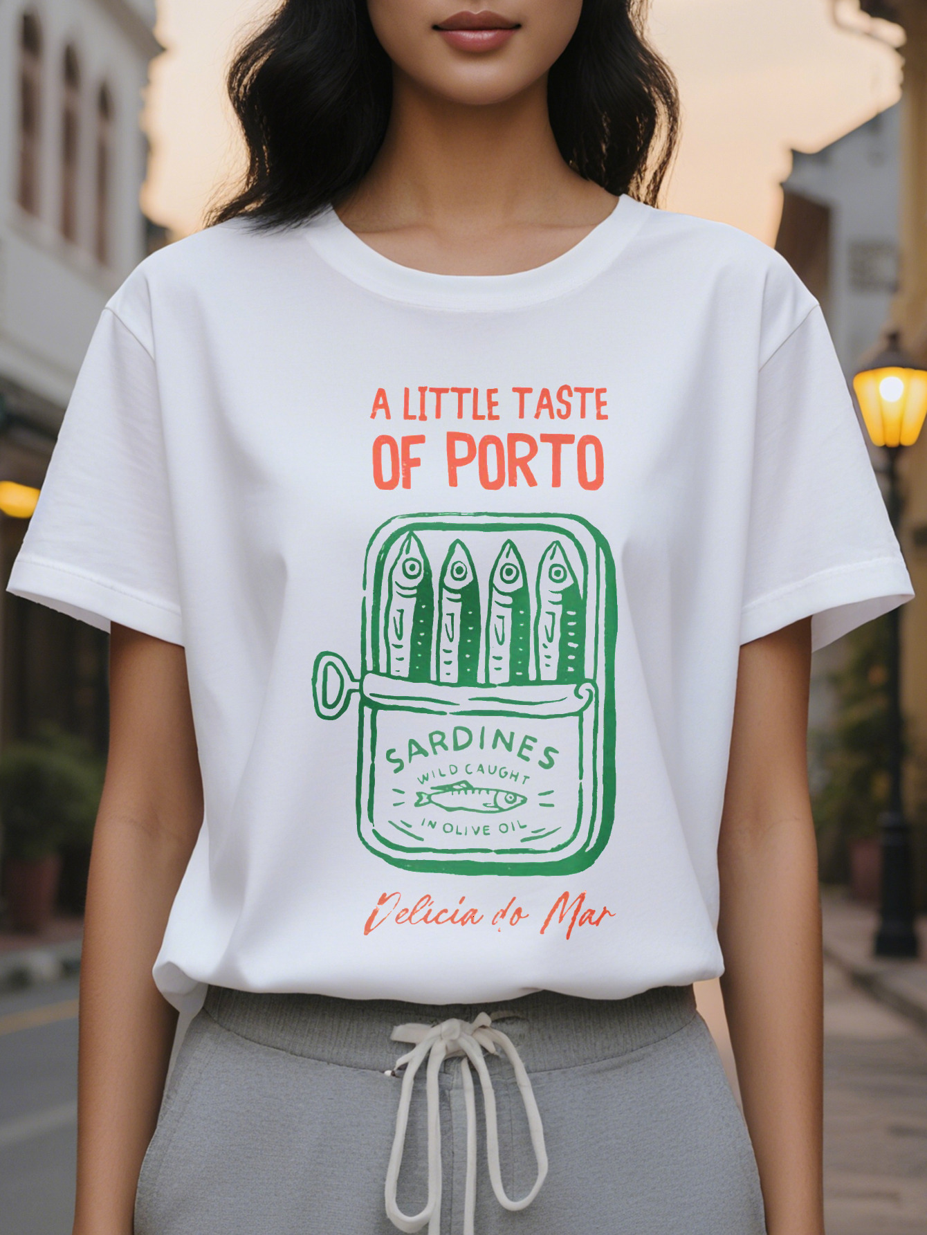 Women s Elegant White T Shirt Porto Style Miramar Sardine Print Summer Casual Round Neck Short Sleeves, washable