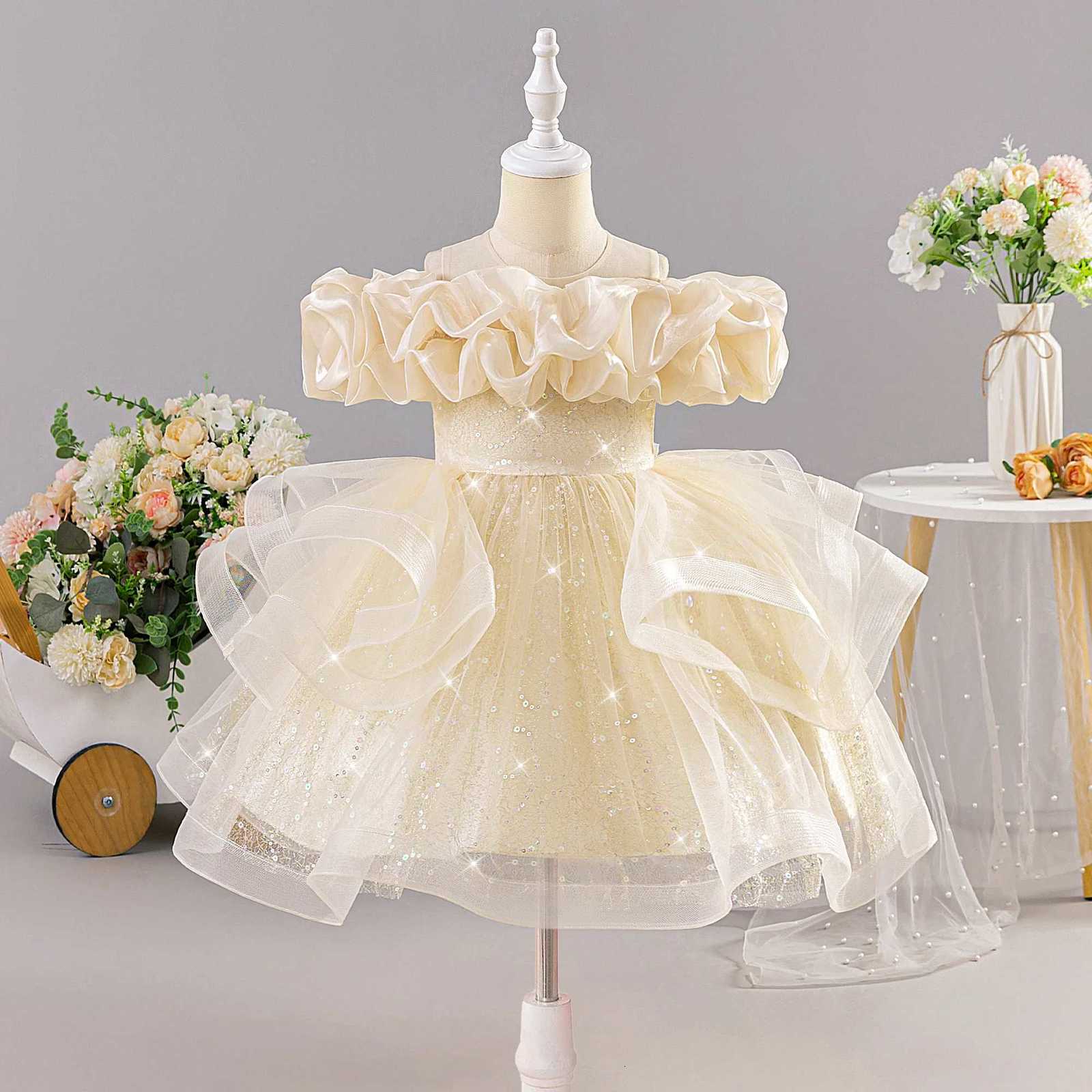 Fluffy Fold Flower Wedding Party Girls Dress Elegant Bridesmaid Birthday Princess Floral Dresses for Girls Bow Evening Prom Gown Z250904