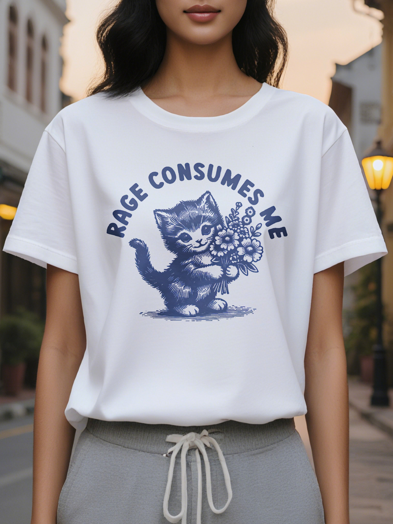 Women's Rage Consumes Me Pattern Black Cat Floral Casual Short Sleeve Loose Crew Neck Spring Summer T-Shirt