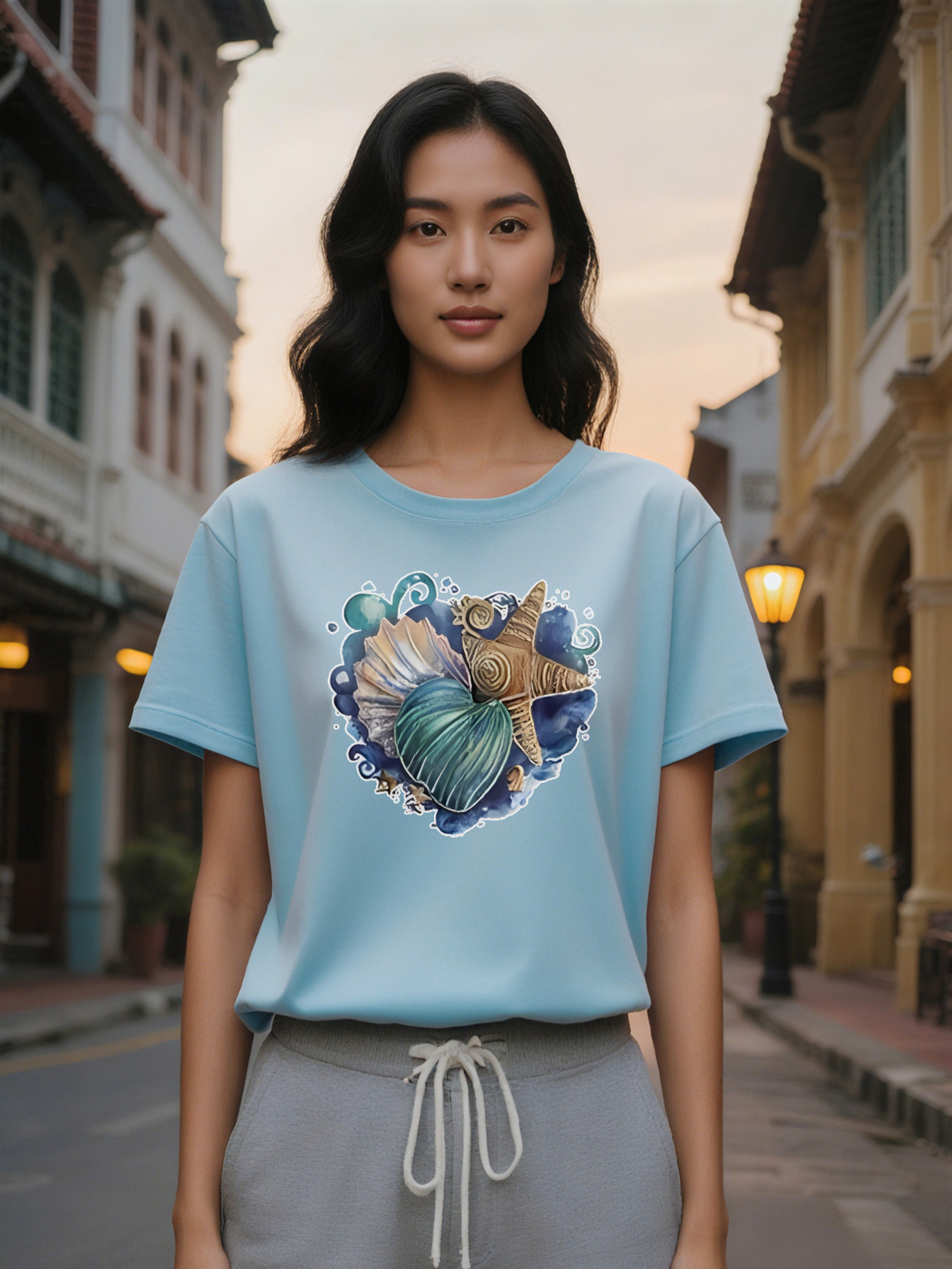 Casual Versatile Round Neck T-Shirt Green Shell and Golden Starfish Print Pattern Top Women's Gift