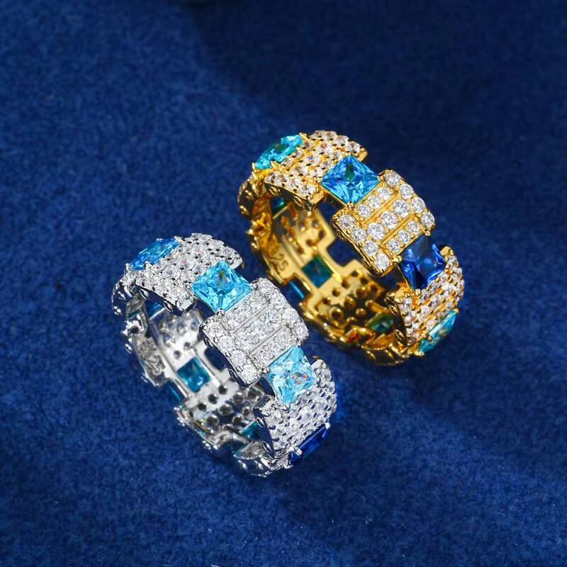 Hiphop Dainty Fine Jewelry Princess Cut 925 Sterling Silver Iced Out AAAAA Blue Moissanite Gemstone Rings for Men Women